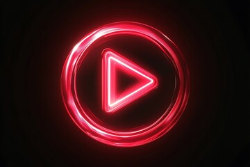 Red glowing play button video player logo on a black background. Red neon light sign of a Play icon in a circular frame