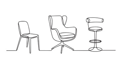 Modern chairs and bar stool continuous line drawing furniture interior design