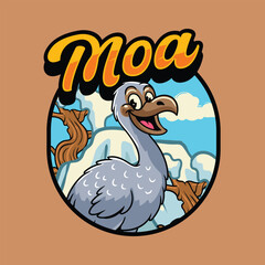 Moa Bird extinct animal Character in Emblem Cartoon Illustration