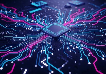 Closeup of a computer microchip with glowing blue and pink circuits, symbolizing advanced technology and data processing