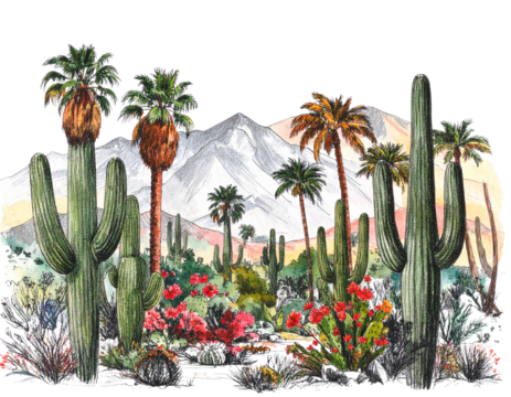 Desert landscape sketch with mountains, cactus and palms, for background or pattern,