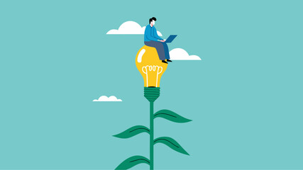 learn more knowledge to grow and success, study to get new skill, businessman studying on a light bulb plant concept vector illustration with flat style