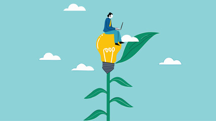 learn more knowledge to grow and success, study to get new skill, businessman studying on a light bulb plant concept vector illustration with flat style