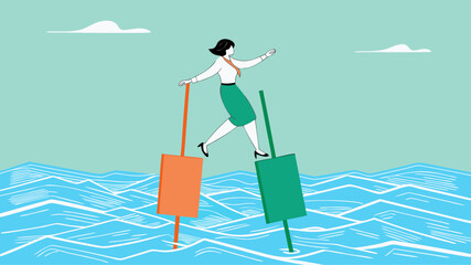 Fototapeta premium try new opportunities in business investment, navigating stock market volatility, make a decision to buy shares, profitable business, woman investor moves to buoy from growing investment bar chart