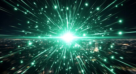 Fototapeta premium Abstract green light streaks radiating from a bright center over a city at night