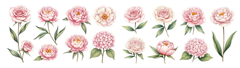 A beautiful collection of pink peony flowers showcasing various stages of bloom.