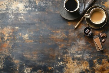 Dark coffee cups and coffee beans on a rustic surface
