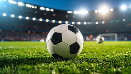 Soccer Ball in a Stadium with Bright Lights and Green Grass Close Up