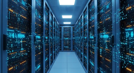 Server room with rows of glowing blue and orange lights, symbolizing data centers and technology