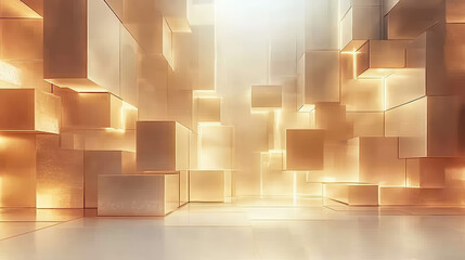 Abstract architectural interior, glowing golden cubes