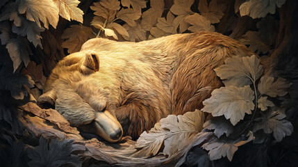 stylized bear peacefully curled in a den made of smooth forest shapes