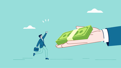 receive payment, reward or employee benefits, wages payment or bonus, bill payment, annual bonus, salary payment concept, happy worker receives money banknotes from businessman hand concept vector