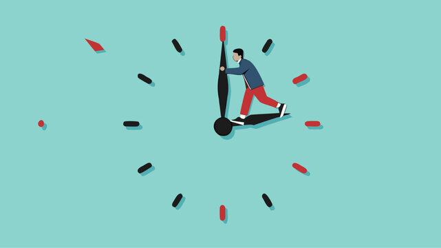 trying to get time back, extension of time to complete the work, businessman tries to turn back the clock to rewind time concept vector illustration