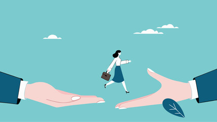 Change job or leaving company for new career opportunity, try new opportunities in business to achieve a career or good future, businesswoman jumps from the hands of the old businessman to the new one
