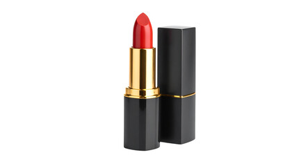 Red lipstick in elegant black tube, isolated on transparent background