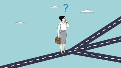 confused businesswoman in determining career path, make a career path decision, choosing concept, confused businesswoman standing at a crossroads determining the direction of her career path