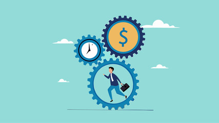 effort and time to make money with businessman running with full effort in gears to turn time and make money, experience and persistence for career success, long-term investment success concept