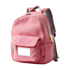 A stylish pink backpack with zipper details and a name tag