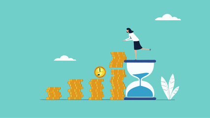 long term investment concept, Growth Earning From Compound Interest In Long Term Investing, businesswoman makes financial growth graph by stacking gold coins on top of hourglass vector illustration