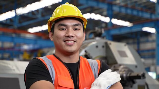 Smiling Factory Worker In Orange Safety Vest And Yellow Hard Hat With Machinery Background