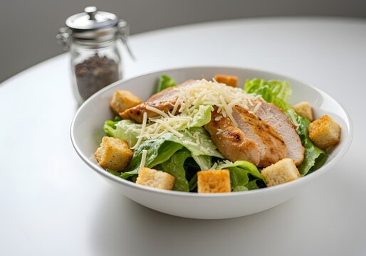 Delicious Caesar salad with grilled chicken, perfect for healthy eating and restaurant menus