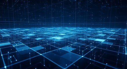 Futuristic digital network grid with glowing blue nodes and lines, representing data flow and interconnected technology systems