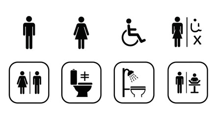 A collection of universal restroom and facility pictograms, including male, female, accessible, family, and shower icons, presented in a clean, graphic style.