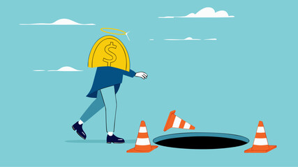 investment scam, Financial Fraud or Illegal Investment, ponzi scheme concept, businessman investor who is lulled by fake investments who walks forward towards a trap hole