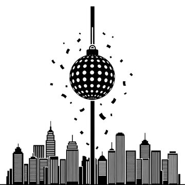 Black and white new year's eve ball drop over a cityscape silhouette with confetti falling down