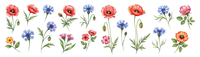 A vibrant assortment of flowers, featuring red poppies and blue cornflowers, creating a lively floral display.