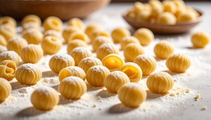 Fresh homemade pasta nests and gnocchi scattered on flour-dusted surface with rolling pin, evoking rustic culinary tradition and texture.