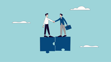 business agreement, cooperation in business to achieve certain targets, growth or progress to achieve goal and target, two business people shaking hands at puzzle concept vector illustration
