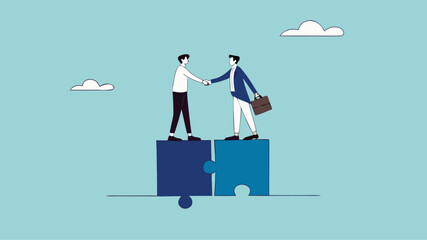 business agreement, cooperation in business to achieve certain targets, growth or progress to achieve goal and target, two business people shaking hands at puzzle concept vector illustration
