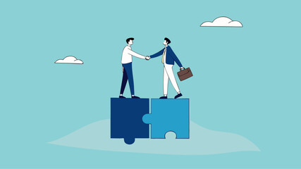 business agreement, cooperation in business to achieve certain targets, growth or progress to achieve goal and target, two business people shaking hands at puzzle concept vector illustration
