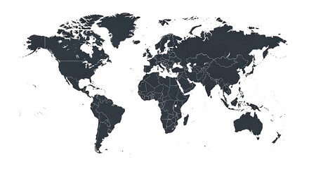 A flat projection of a world map with detailed country borders, rendered in dark grey on a plain white background.