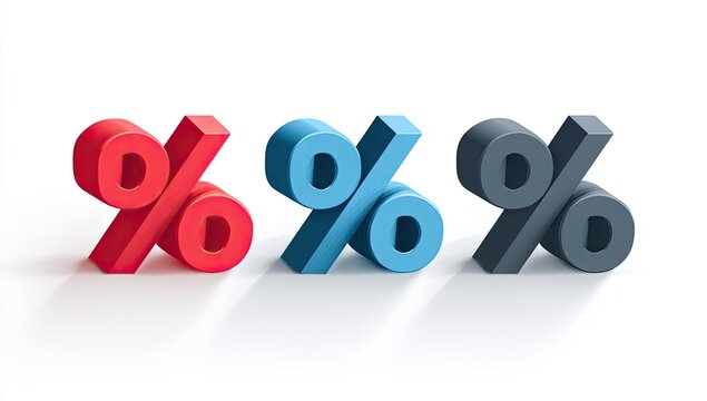 Three 3D percentage symbols in red, blue, and gray, set against a plain white background