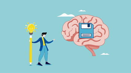 idea memory, reminder of productive plans or new business strategy, thinking skills to form good work habits, remembering or studying work plans, businessman store work plan data in the human brain