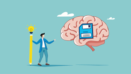 Obraz premium idea memory, reminder of productive plans or new business strategy, thinking skills to form good work habits, remembering or studying work plans, businessman store work plan data in the human brain
