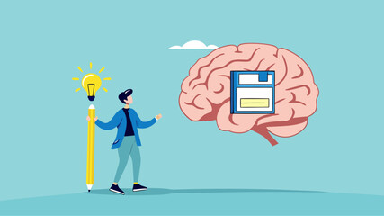 idea memory, reminder of productive plans or new business strategy, thinking skills to form good work habits, remembering or studying work plans, businessman store work plan data in the human brain