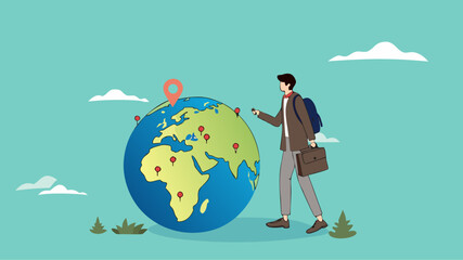 Businessman put new branch pin on world map across globe. Global business expansion, open company branches, franchise in new location to cover all continent. growing business worldwide concept design