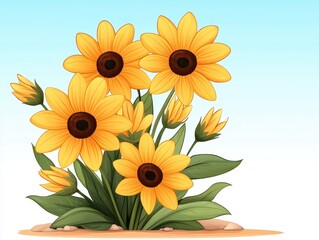 Obraz premium Yellow flowers blooming in garden, sunny sky background, illustration for greeting card