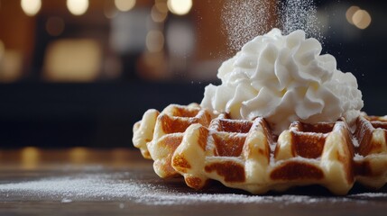 A close-up of crispy waffles with whipped cream  on blurred background