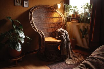 Cozy rattan chair in warm room