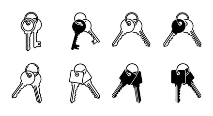 A collection of eight distinct key illustrations, each on a keyring, showcasing various designs and cuts.