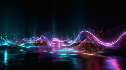 Abstract cyberpunk digital wave with glowing holographic particles, neon gradient mesh, immersive futuristic light, AI visualization, big data spectrum, sci-fi luminous background, flowing cyber 