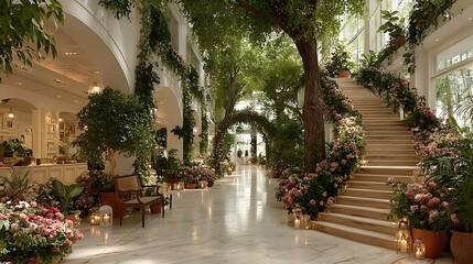 Fototapeta premium Elegant floral arrangement along grand staircase high resolution image