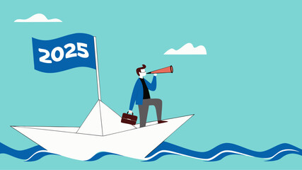 new plan or business strategy in 2025, businessman sailing on a paper boat with 2025 waving flag while scouting for business opportunities using telescope, business opportunities, happy new year 2025