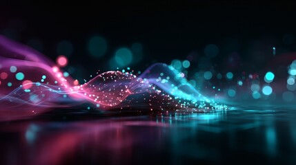 Futuristic abstract neon wave flowing with radiant cyan and pink particles, holographic glowing mesh, immersive luminous gradient, AI data visualization, cyberpunk light reflections, big data 