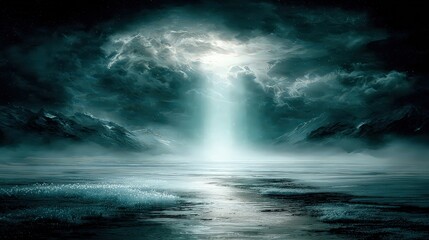 Naklejka premium Celestial Light Beam Piercing Dark Night Sky Over Water