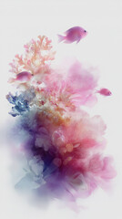 Surreal underwater world with pink fishes and translucent coral reef - digital painting